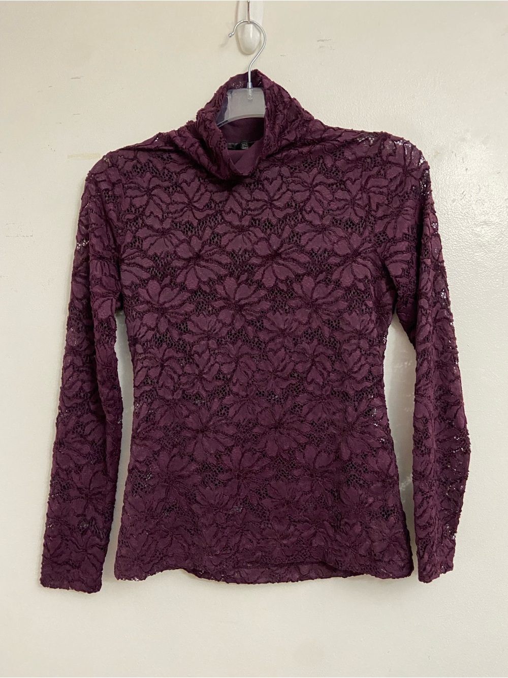 Women’s Sheer Lace Turtleneck Long Sleeve Top - Purple Burgundy